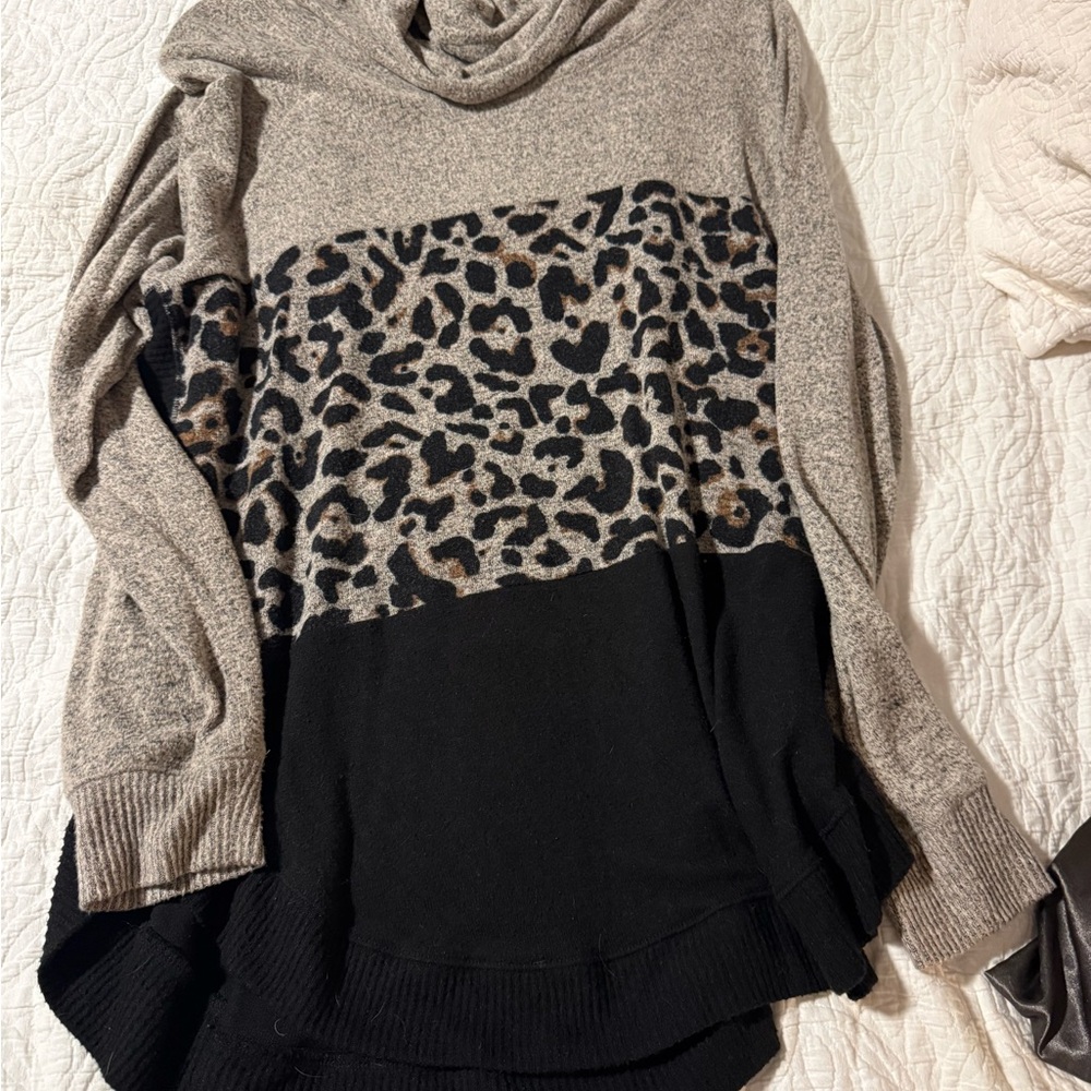 Maurices Gray and Black Leopard Cowl Neck Sweater